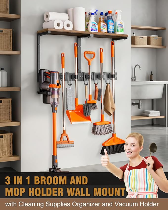 Broom Holder Wall Mount with Top Wooden Shelf, Heavy Duty Metal Cleaning Supplies Broom Hanger with Vacuum Organizer and 5 Slots & 5 Hooks for Laundry Garage Tool Storage Kitchen (Large)
