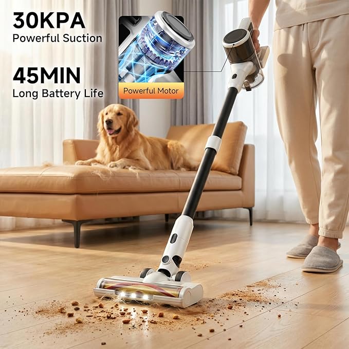 Cordless Vacuum Cleaner for Home - Lightweight, Stick Vacuum Clean with Rechargeable Battery, Max 45Mins Runtime, 8 in 1 Handheld Vacuum for Hardfloor & Carpets Pet Hair, White&Yellow
