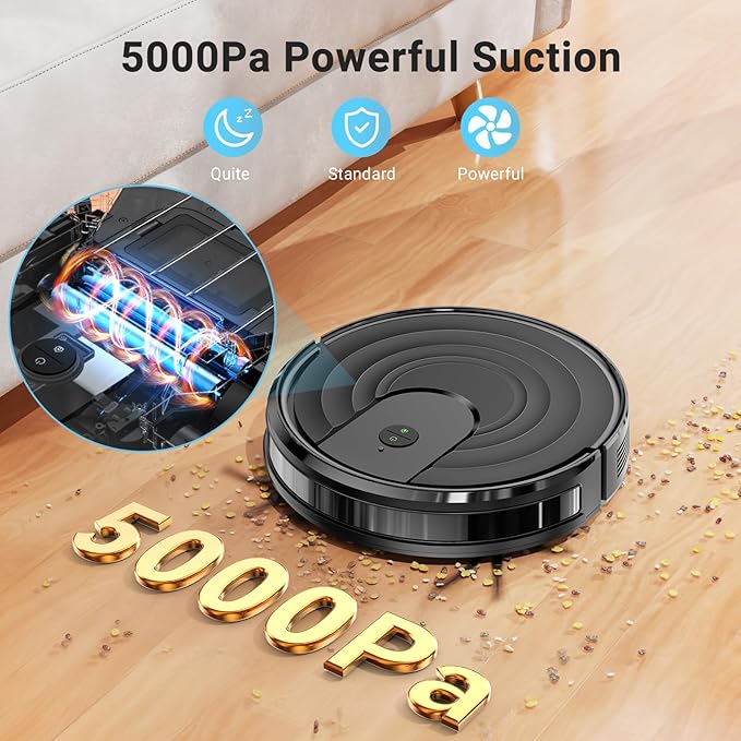 Robot Vacuum and Mop Combo, Robotic Vacuum Cleaner 5000Pa Strong Suction 130 Mins Runtime, Slim, Low Noise, Automatic Self-Charging, Wi-Fi/App/Alexa Control, Ideal for Hard Floor/Low-Pile Carpet