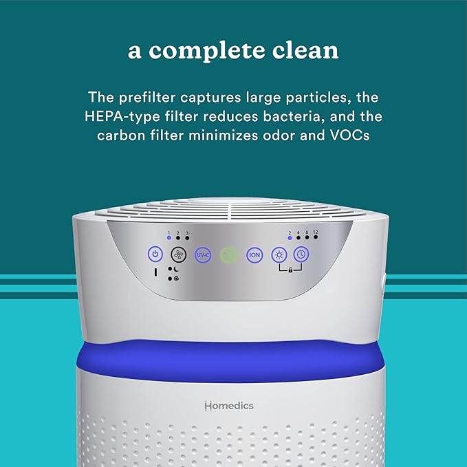 Homedics 5-in-1 UV-C Air Purifier - 360-Degree HEPA Filter for 1,593 Sq Ft, Extra Large Air Purifiers for Bedroom and Home, Essential Oil Pads, Built-In Timer, 5 Speed Settings for Large Rooms, White