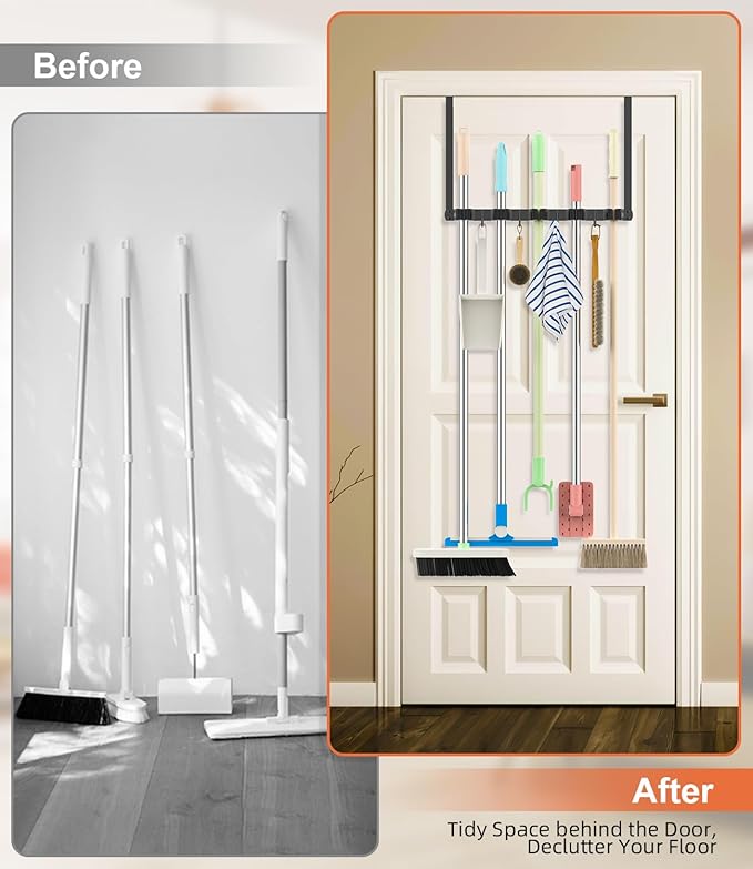 Broom Holder Over The Door Drilling Free Mop and Broom Holder with 4 Over Door Hook, Metal Mop and Broom Storage Wall Mount Broom Storage Tool Organizer for Laundry Room Garage Kitchen Bathroom