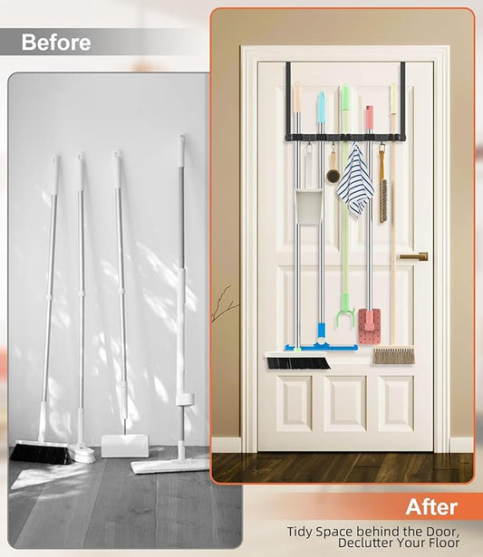 Broom Holder Over The Door Drilling Free Mop and Broom Holder with 4 Over Door Hook, Metal Mop and Broom Storage Wall Mount Broom Storage Tool Organizer for Laundry Room Garage Kitchen Bathroom