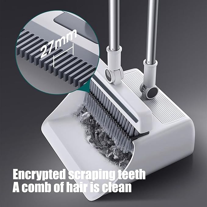 3-in-1 Broom and Dustpan Set with Cleaning Teeth, 38" Stainless Steel Long Handle,Standing Storage, Indoor Sweeping Combo for for Home & Kitchen, Brooms with Dustpan Combo Set, White