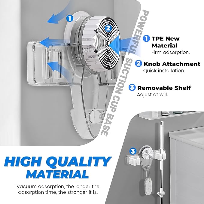 2 Pack Broom Holder Mop Hanger - Strong Suction Cup - No Drill Removable Broom Organizer Rack Wall Mount with Hooks for Bathroom Kitchen Garage, Clear