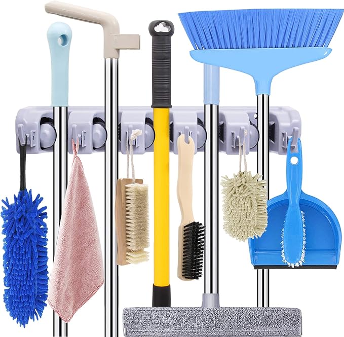 Broom Holder Wall Mount Broom Organizer Mop Holder Hanger Garden Tool Organizers Storage Rack Garage Laundry Room Organizations and Storage with Hooks Heavy Duty