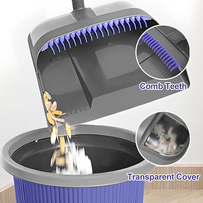 Broom and Dustpan Set for Home, 54-inch Long Adjustable Handle Broom with Stand Up Dustpan, 180 Degree Rotating Broom Head & Comb Teeth - Indoor Sweeping Combo for Kitchen Lobby Floor Office (Purple)