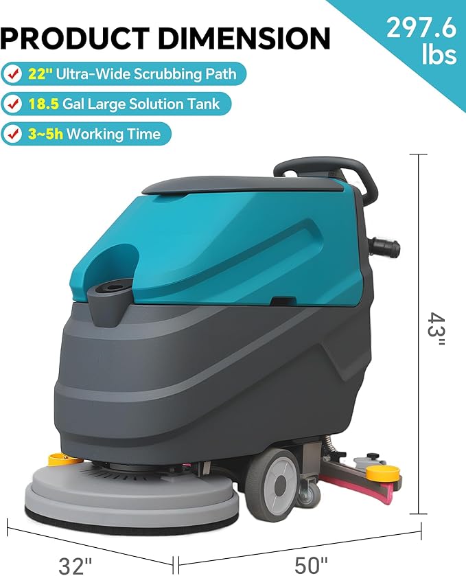 C7 Walk Behind Commercial Floor Scrubber Machine, 22" Cleaning Width, 31.5" Suction Width, 18.5 Gallon Solution Tank, 15.9 Gallon Recovery Tank, 32000 Sqft/h, Complete Set of Parts