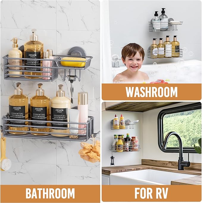 LEVERLOC Shower Caddy Suction Cup, 2 Pack Shelves for Inside with Hooks and Soap organizer, NO-Drilling Bathroom shelves, Rustproof Meatl Bathroom Holder, Grey