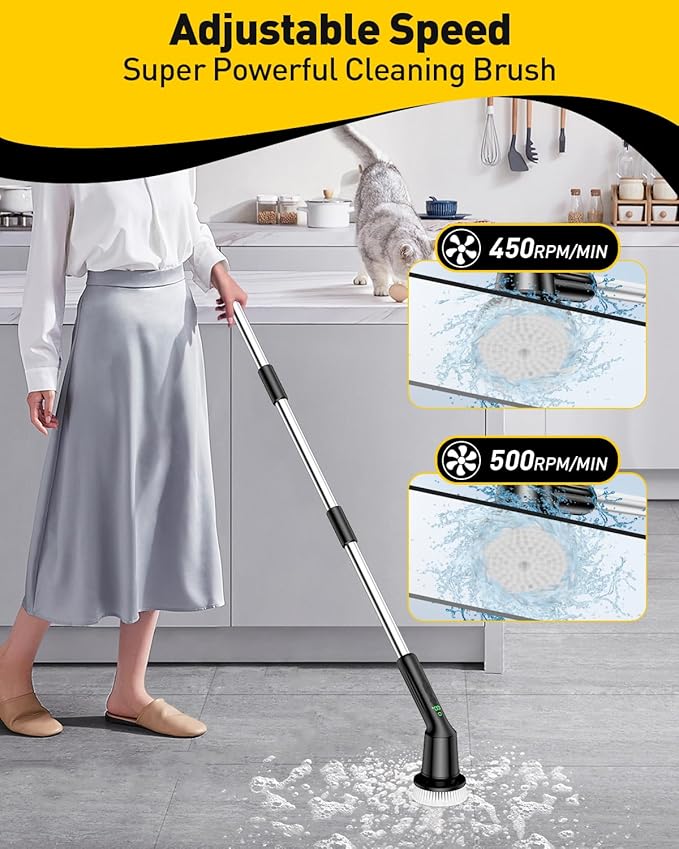 Electric Spin Scrubber for Cleaning Bathroom, Shower Scrubber Cordless Cleaning Brush with IPX7 Waterproof & 2 Speed, 3 Brush Heads, Bathroom Cleaning Supplies for Toilet Shower Tub Black