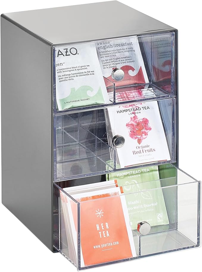 mDesign Plastic Wide Kitchen Pantry, Cabinet, Countertop Organizer Storage Station, 3 Drawers for Coffee, Tea, Sugar Packets, Sweeteners, Creamers, Drink Pods, Packets; 18 Sections, Dark Gray/Clear