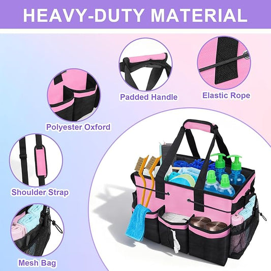 Cleaning Caddy Bag Heavy-Duty Organizer Tote for Housekeepers, Janitors & Home Cleaning Supplies with Adjustable Shoulder Strap & Multiple Pockets (Pink)