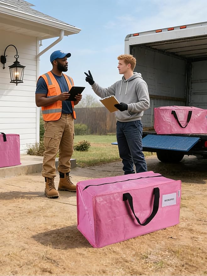 WORKPRO 2 Pack Extra Large Moving Bags with Zippers & Carrying Handles Backpack Straps, Heavy-Duty Storage Tote for Space Saving Moving Storage (Pink)