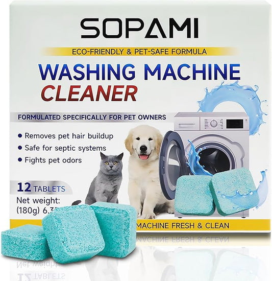 SOPAMI Washing Machine Cleaner Tablets 12 Pack, Deep Clean HE Front Load Top Load Washer, Remove Stubborn Pet Hair Odors, Septic Safe Pet Owner Solution washing machine tablets