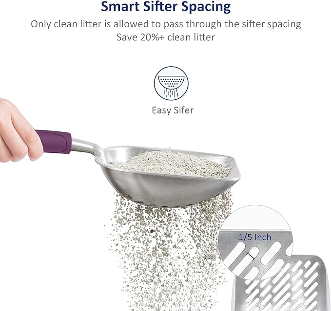 WePet Cat Litter Scoop, Aluminum Alloy Sifter, Kitty Metal Scooper, Deep Shovel with Diagonal Sifting Hole, Long Handle, Kitten Poop Lifter for Litter Box, Medium Size, Violet Handle
