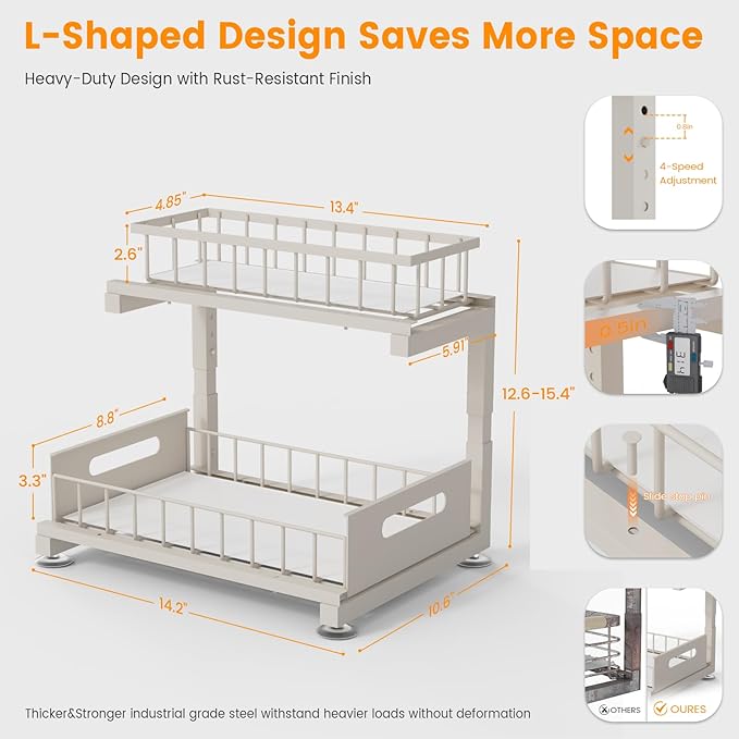 Under Sink Organizer, Heavy Duty Metal Slide Out Sink Shelf Organizer Height Adjustable, Multi-Purpose Storage Shelf for Kitchen Bathroom (Sand,1Pack)