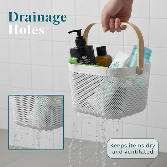 Shower Caddy Portable with Wooden Handle – Plastic Shower Caddy Dorm Basket for Bathroom Storage & Organization, College Essentials
