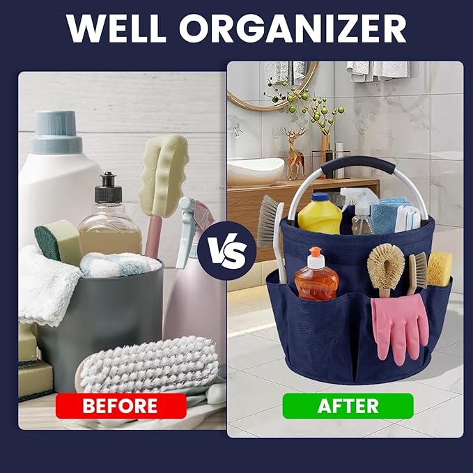 Cleaning Caddy with Handle and 6 Pockets, 17L Cleaning Supplies Organizer, 600D Oxford Fabric Storage Basket, Multifunctional Bucket Bag for Picnics, Camping, Gardening, Bathing (Dark Blue)