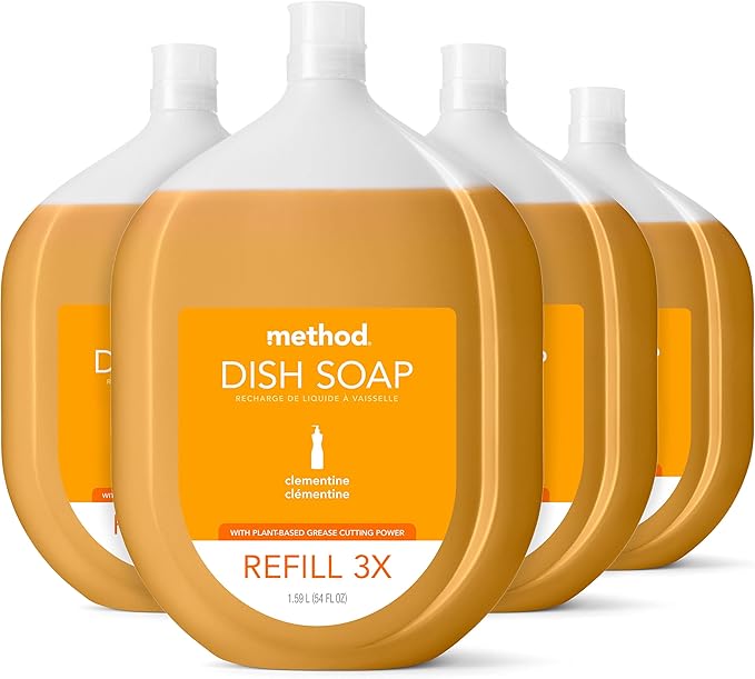 Method Gel Dish Soap Refill, Clementine Scent, Powerful Cleaning Formula, Large Refill Tub, Cuts Through Grease, 54 Fl Oz (Pack of 4)