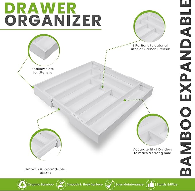 Utopia Kitchen Expandable Drawer Organizer, Adjustable Kitchen Drawer Organizer, Bamboo Drawer Dividers Organizer for Kitchen, Silverware, Flatware, Living Room (6-8 Slots, White) Pack of 1