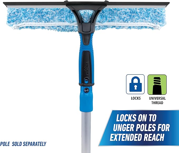 Unger Professional Connect and Clean 2-in-1 Squeegee and Scrubber, 14” Window Cleaning Tool, Essential Glass Cleaner for Commercial and Residential Use, Reusable Microfiber Sleeve, Streak-Free Results