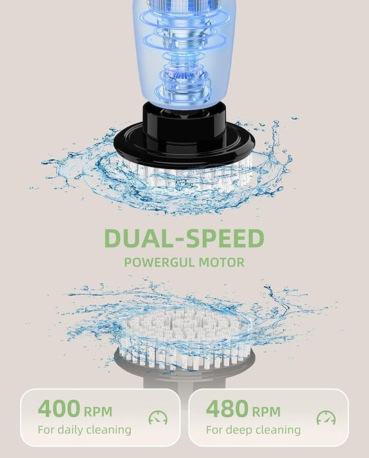 Electric Spin Scrubber, Cordless Power Scrubber with 8 Replaceable Brushs, 2-Speed Adjustable Handle Shower Scrubber, IPX7 Waterproof Cleaning Brush for Bathroom, Tile, Tub, Teens, White-qe1