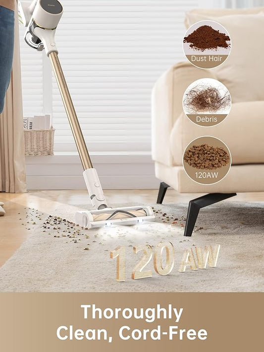 DREAME Cordless Stick Vacuum Cleaner for Home, Powerful 120AW Suction with Anti-Tangle Brush, LED Headlights, Five-Layer Filtration, Up to 60 Mins, Handheld Vacuum Deep Clean Hair, Hard Floor, Carpet