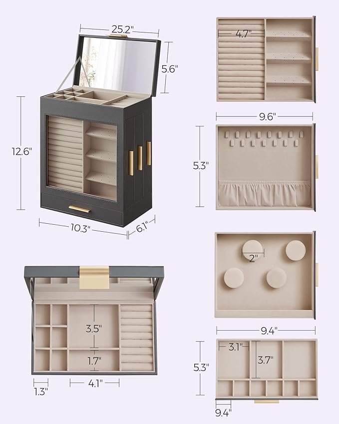 SONGMICS Jewelry Box with Glass Window, 5-Layer Jewelry Organizer with 3 Side Drawers, Jewelry Storage, with Big Mirror, Modern, 6.1 x 10.3 x 12.6 Inches, Slate Gray and Metallic Gold UJBC162G01