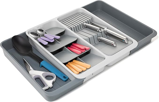 Joseph Joseph DrawerStore Expanding Tiered Flatware Cutlery Tray with Knife Organizer, Expandable In-Drawer Space-Saving Kitchen Storage, Recycled Plastic