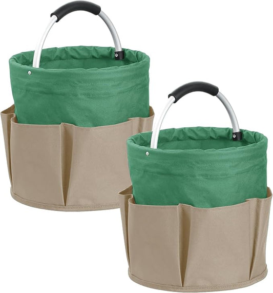 Set of 2 Foldable Cleaning Caddy for Cleaning Supplies, 17L Household Tool Bucket Organizer for Men, Large Cleaning Basket in 600D Oxford Fabric for Travel, Garden, Khaki with Green
