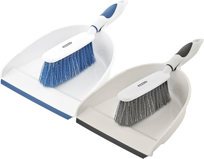 Dustpan and Brush Set, Hand Broom with Ergonomic Grip Handle - Rubber Edge for Easy Dirt Pickup, Durable Material - Grey & Blue Hand Brush by Superio, 2-Pack