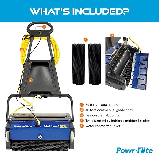 Powr-Flite Multiwash 18 inch Electric Floor Scrubber Machine with Brushes, Commercial Floor Scrubber for Carpet, Tile, VCT, Laminate, Grout, Sports Floor, Concrete and more, PFMW18