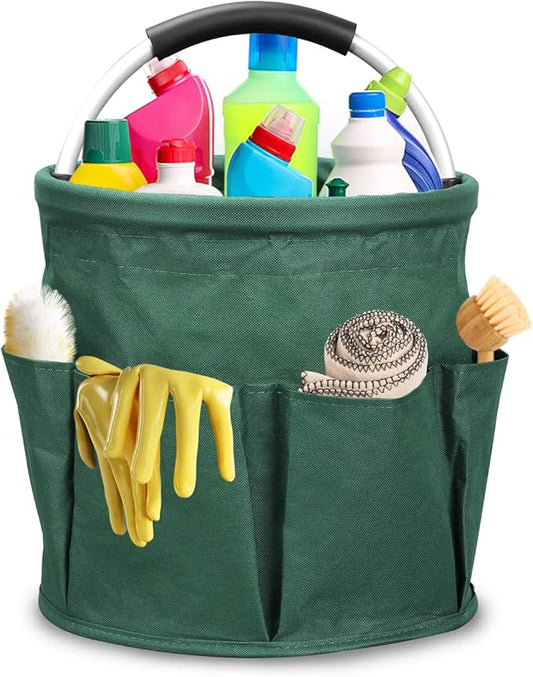 Qivine 17L Cleaning Caddy with Handle, Cleaning Supply Caddy, Foldable Tool Bag Cleaning Products Organizer, Portable Cleaning Bucket Caddy for Cleaning Supplies (Green)