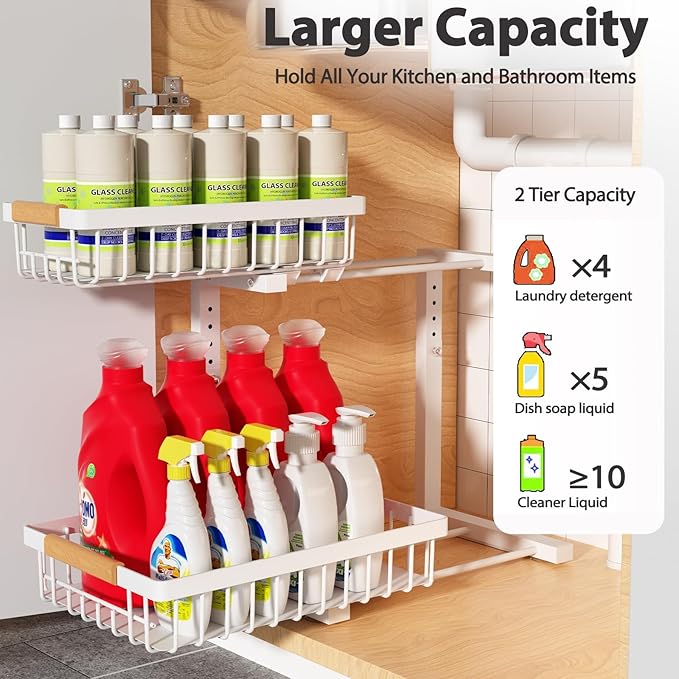 Under Sink Organizer 2 pack, 2 Tier Slide Out Under Sink Organizers And Storage, Height Adjustable Pull Out Cabinet Drawers, Kithcen Bathroom Metal Storage Caddy Shelf, White