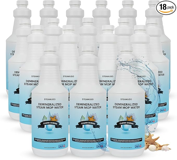 Steam & Go Demineralized Water - Multisurface Cleaner, PVC-Free Ready-to-Use for Mops & Floor Steamers - Ideal for Kitchen, Bathroom, & Home Surfaces - Clean Ocean Scent - 32oz (Pack of 18)