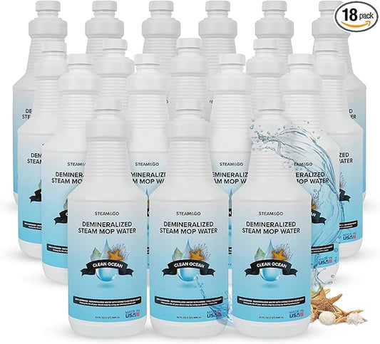 Steam & Go Demineralized Water - Multisurface Cleaner, PVC-Free Ready-to-Use for Mops & Floor Steamers - Ideal for Kitchen, Bathroom, & Home Surfaces - Clean Ocean Scent - 32oz (Pack of 18)