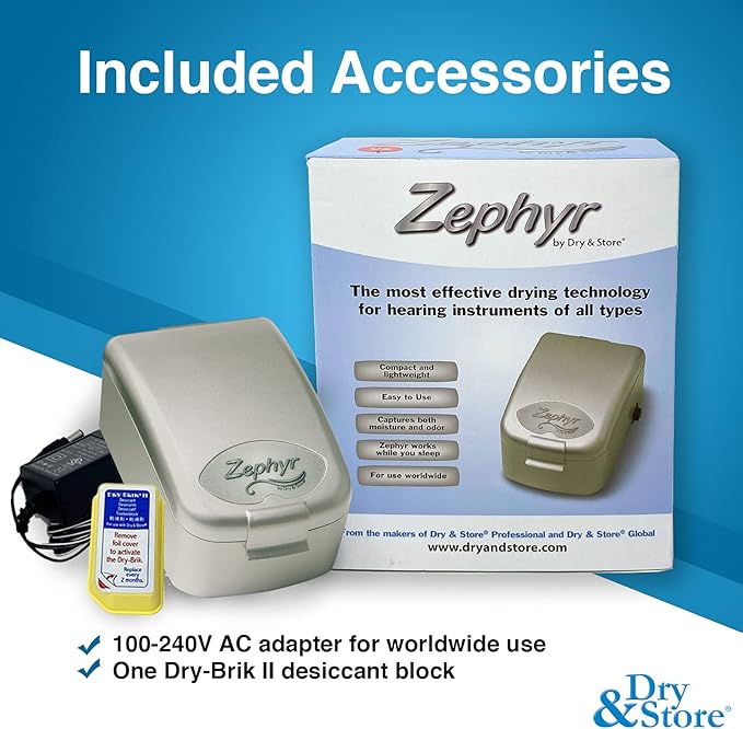 Zephyr by Dry & Store Hearing Instrument Dryer/Dehumidifier | for Care and Maintenance of Hearing Aids | Cochlear Processors | in-Ear Monitors
