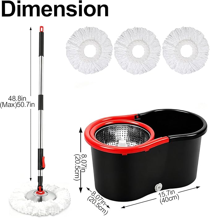 Spin Mop and Bucket with Wringer Set, 360°Rotating Head Mop Bucket System, 3 Replacement Mop Heads for Floor Cleaning (Black & Red) (Three mop Heads)