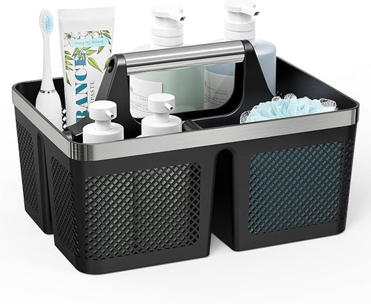 Black Shower Caddy Portable: Plastic Bathroom Caddy Organizer with Handle and Holes, Cleaning Caddy, Hard Shower Basket Storage Tote for Toiletry, College Dorm Room Essentials for Men
