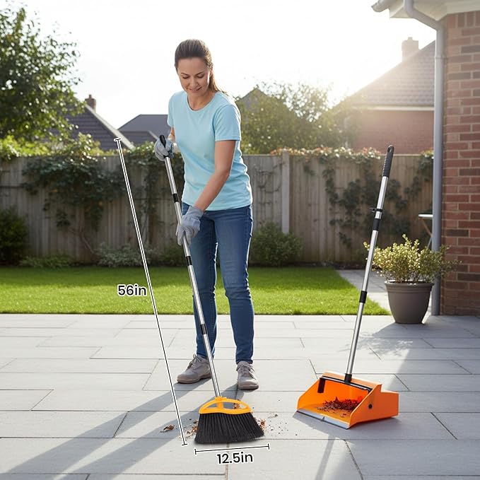 Commercial Broom and Dustpan Set，Long Handle Upright Heavy Duty Dust Pan Outdoor Indoor for Courtyards, Garages, Lobbies, Shopping Malls, Market Floors, Sidewalks, Classroom Floor Cleaning