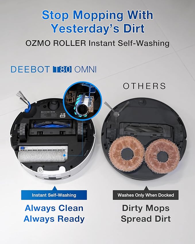 ECOVACS DEEBOT T80 Omni Robot Vacuum and Mop, 18,000Pa Suction, OZMO Roller Mop with TruEdge, Zero-Tangle Brush, AI Navigation, All-in-One Station