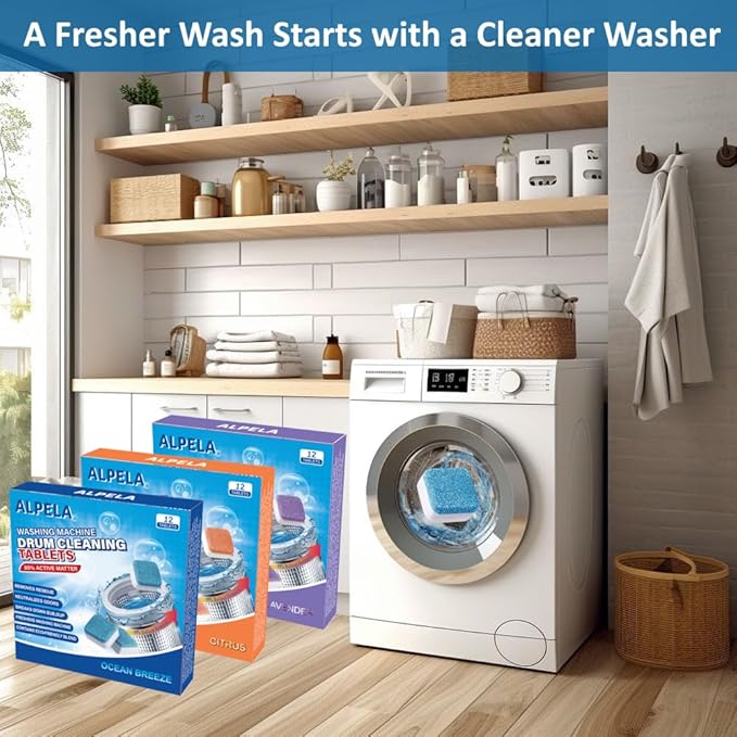 Washing Machine Cleaner Descaler | Deep Cleaning Tablets For HE Front & Top Load Washer, Septic Safe Eco-Friendly Deodorizer, Clean Inside Drum and Laundry Tub Seal (Ocean Breeze - 12 Count)
