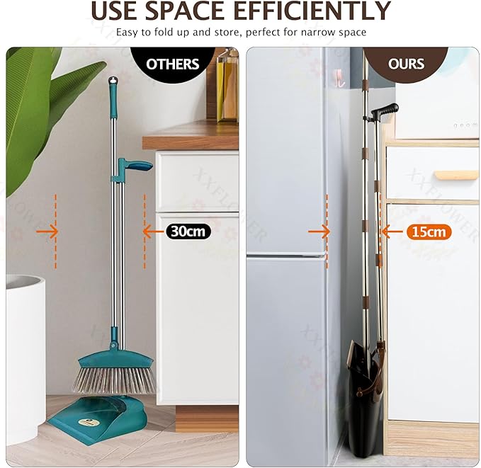 Broom and Dustpan Set with Long Handle, Light Weight Stainless Steel Poles Stand Upright Dustpans with Broom Combo for Home Kitchen Office Pet Dog Hair, 1-Pack (Black Brown)