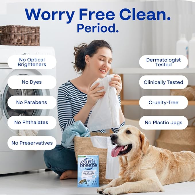 Earth Breeze Laundry Detergent Sheets Fresh Scent - 60 Loads per package. Eco Liquidless Soap - Travel-Friendly for Hot & Cold Cycles, Tackles Tough Stains & Odors - Gentle on Skin, 30 sheets (3 Pack)