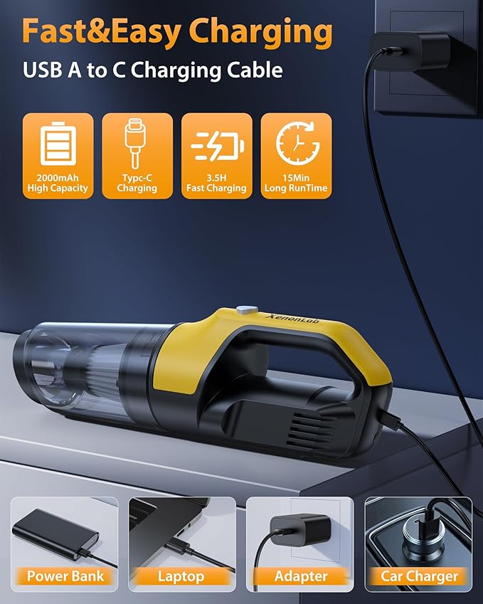 Handheld Vacuum Cordless 1.1 Pounds Car Vac 10000PA Hand Held Vacuums 4-in-1 Hand Vac Cordless Rechargeable HEPA Filter Large Capacity Dust Cup for Car Office Home Pets Hair (Butter Yellow)