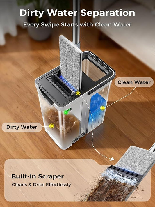 Mop and Bucket Set | Auto-Spray Cleaning | Dirty Water Separation Keep Water Fresh | Flat Mop & Bucket with Scraper | 3x Washable Pads | High-efficiency Cleaning for All Floors Tile Wall Window