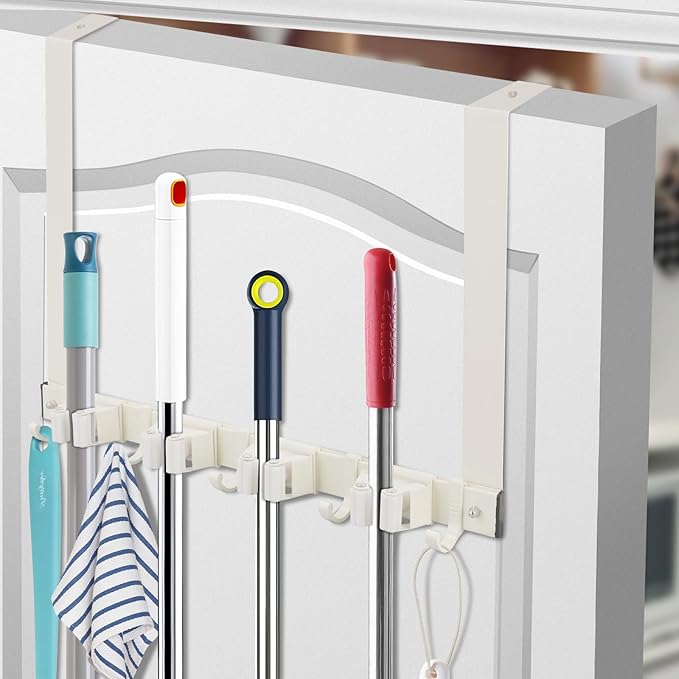Over Door Movable Broom and Mop Hanging Holder with Sliding 4 Rack 5 Hook, Metal Mop and Broom Holder Wall Mount with 2 Over Door Hook, Door Mount Storage Organizer for Closet Garage Laundry, White