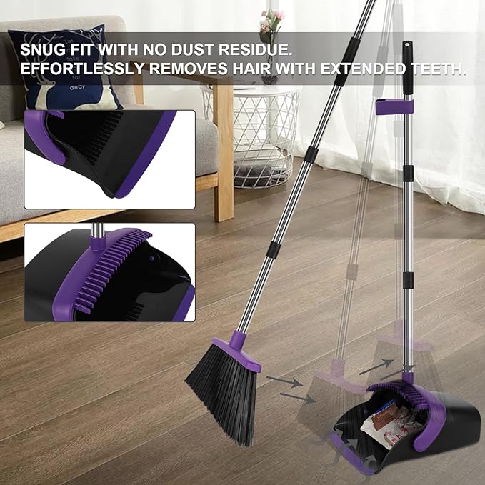 Broom and Dustpan Set, Large Household Dustpans and Broom with 55 Inch Long Handle, Pueple Broom with Dustpan Combo Set for Home
