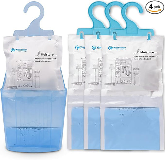 Moisture Absorber Packets with Plastic Case & Hook, Odor Eliminator, Leak Proof, Fragrance Free, Humidity Packs, Hanging Closet Dehumidifier Bags, Moisture Absorber (4 Packs)