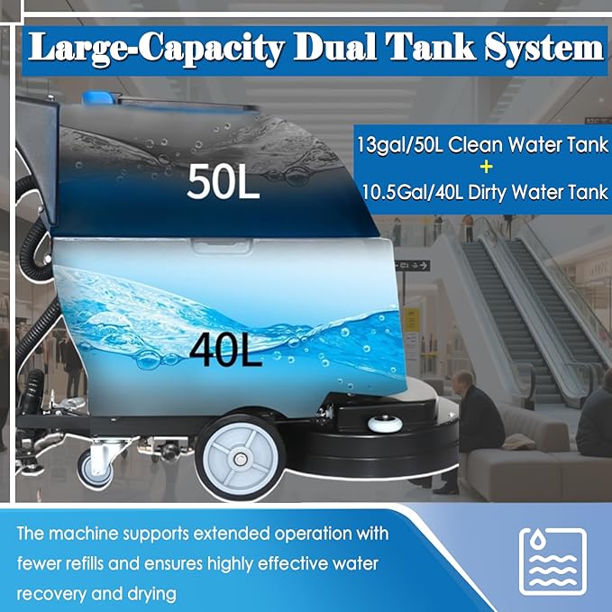 Commercial Floor Scrubber Washer Dryer 20'' Hand Push Auto Floor Cleaner 13Gal Clean & 10.5Gal Dirty Water Tank, 65dB Low Noise for Mall/Hotel/Airport/Factory/Office, Wire-Type 110V