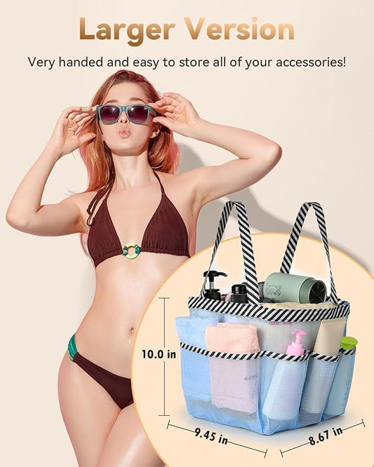 Temede Mesh Shower Caddy Tote, Large Shower Caddy Basket Portable, Quick Dry Hanging Toiletry Bag, 8 Storage Pocket Bath Organizer for College Dorm Room, Gym, Bathroom, Camp, Travel (Blue)